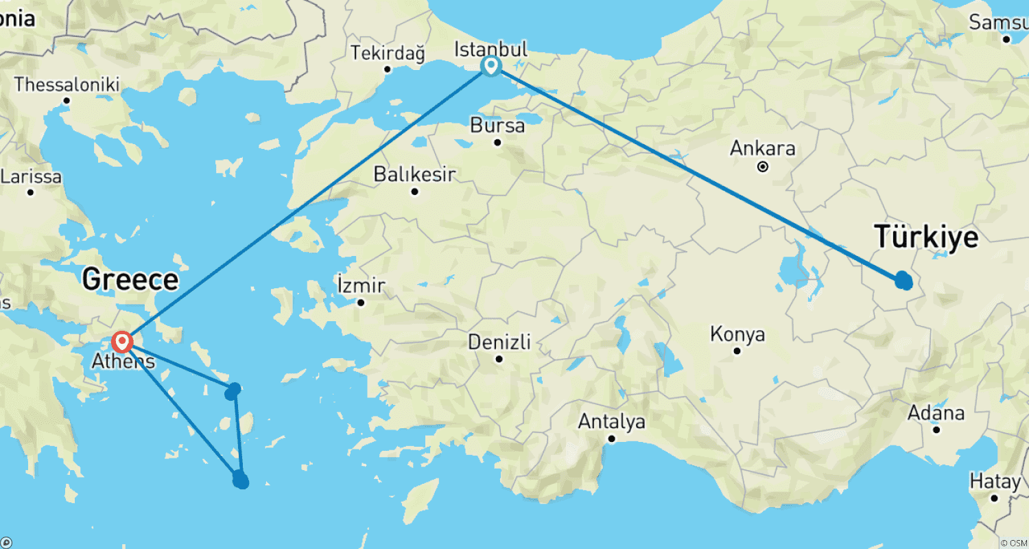 OSMANLI: イスタンブール、カッパドキア、アテネ、ミコノス島、サントリーニ島のルートマップ