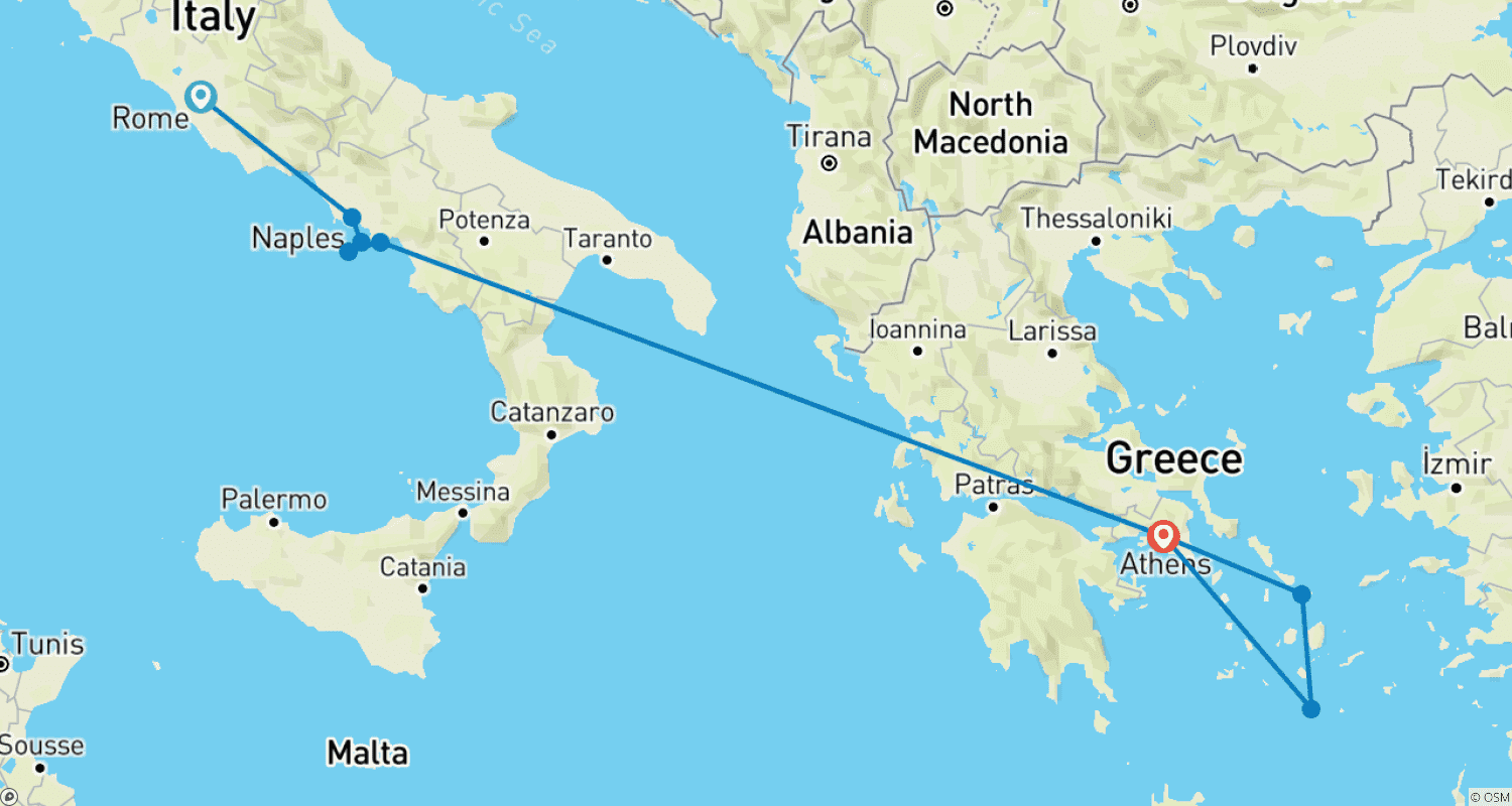 Mapa do percurso de AMALFITAN | Roma, Nápoles, Sorrento, Amalfi, Atenas e Ilhas Gregas