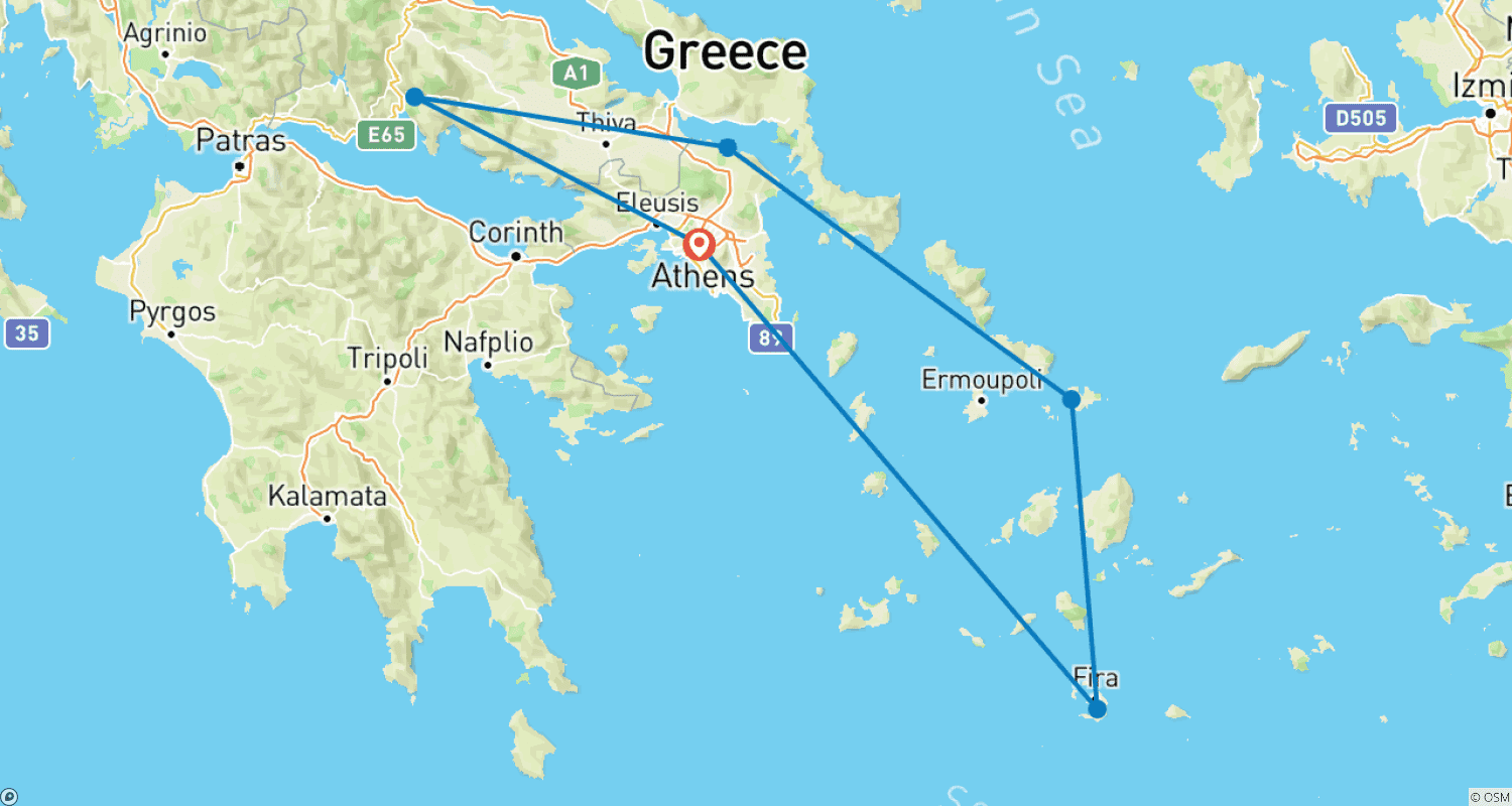 Mapa do percurso de ZORBA | Atenas, Delfos, Meteora, Mykonos e Santorini
