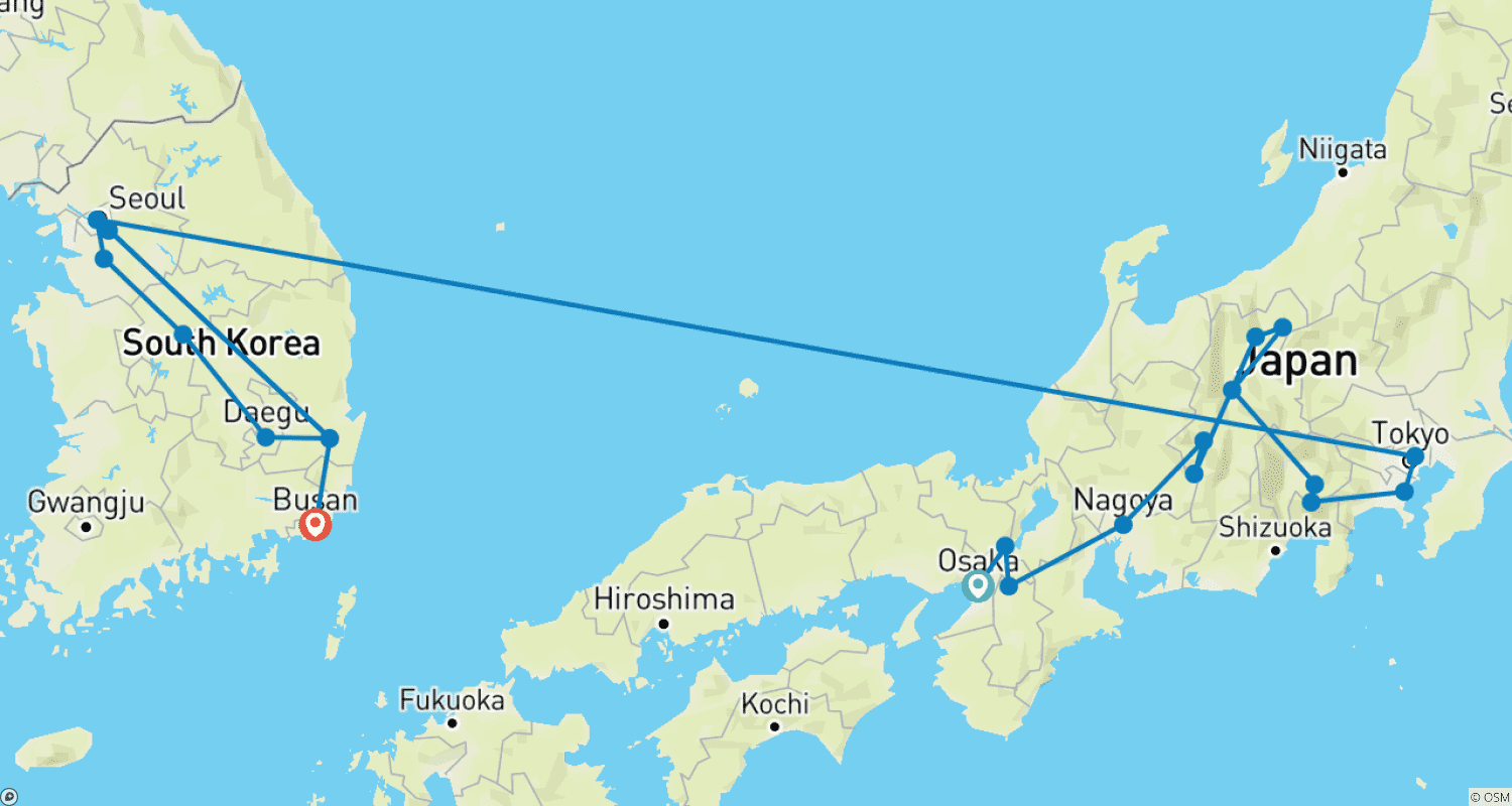 Mapa do percurso de Toyota e Samsung - Kimchi e Sushi