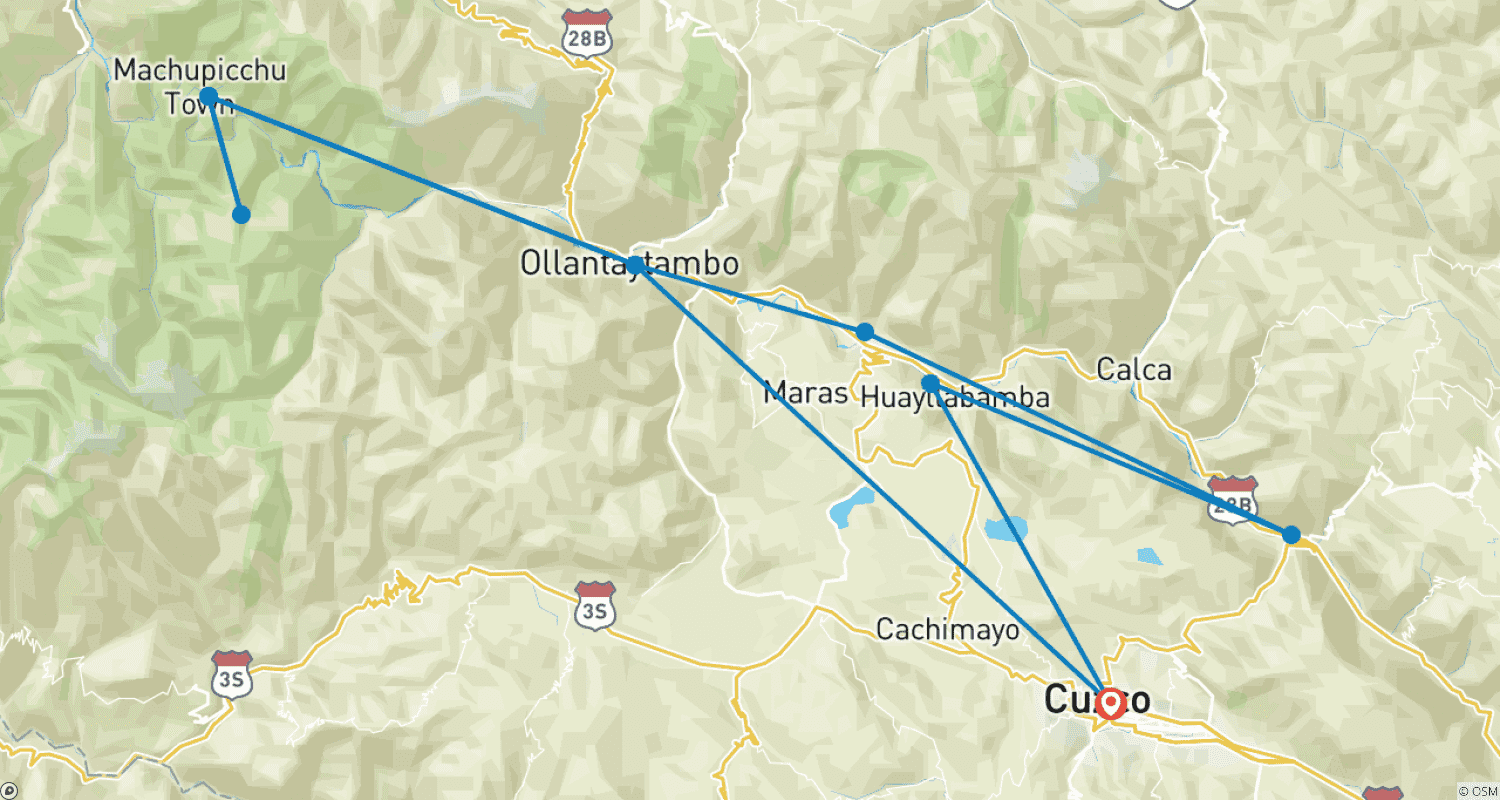 Mapa do percurso de Excursão ao Vale Sagrado e Machu Picchu saindo de Cusco: 2 Dias / 1 Noite