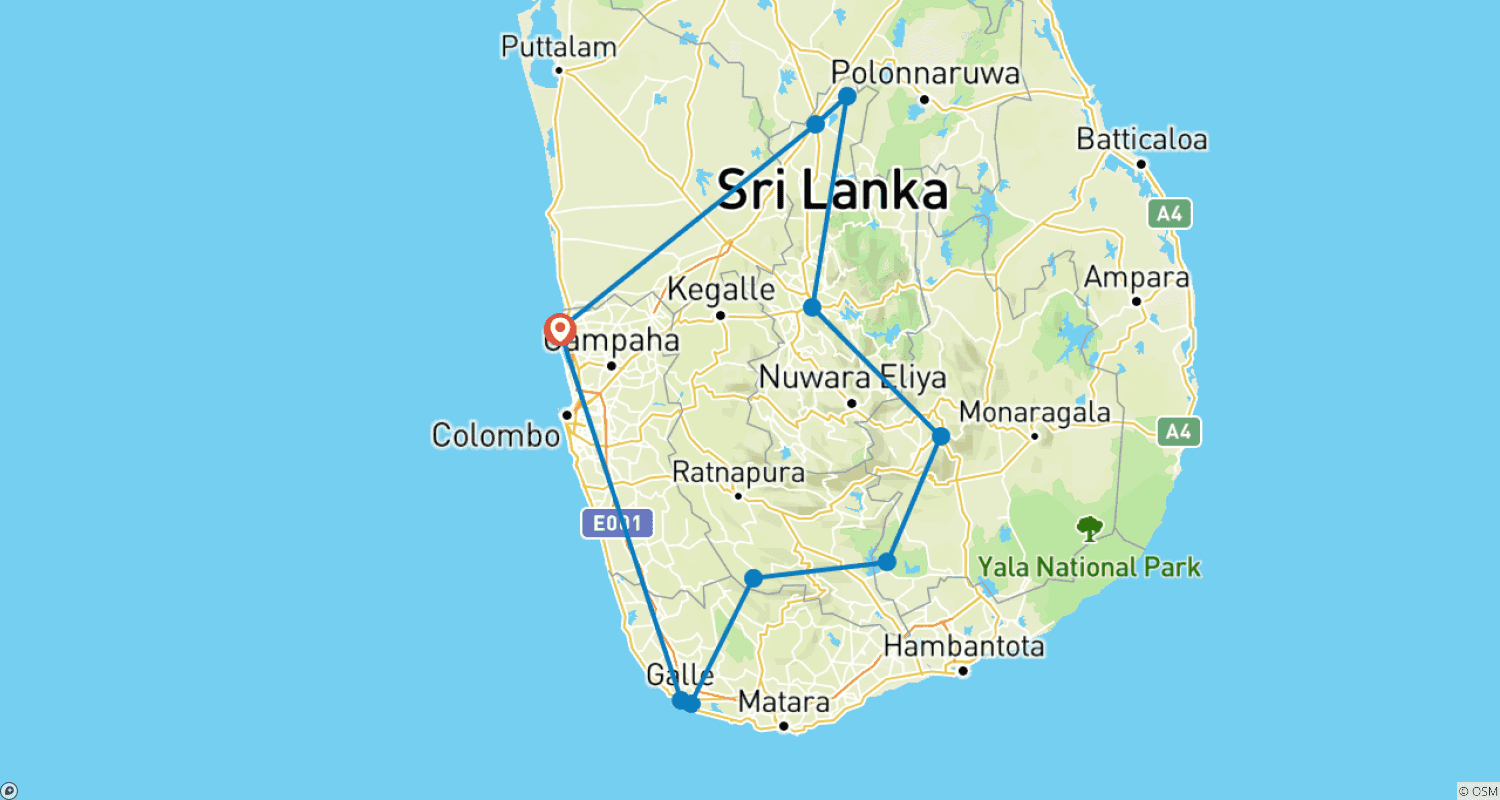 Mapa do percurso de Pacote Turístico de 10 Dias no Sri Lanka - O Melhor do Sri Lanka - Tour Totalmente Privado