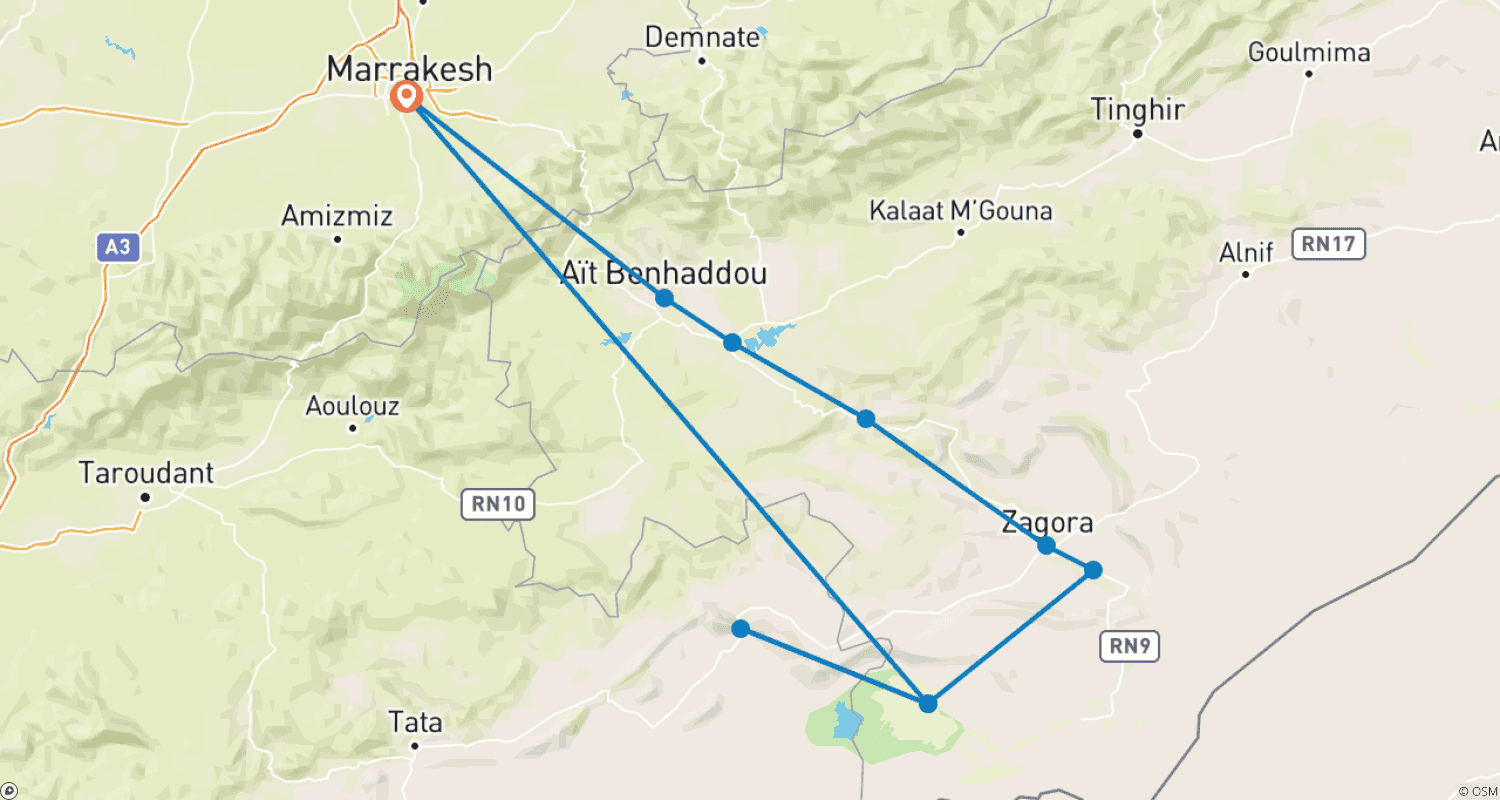 Mapa trasy: 5-dniowa prywatna wycieczka po pustyni z Marrakeszu do Erg Chigaga (Wycieczki po Maroku)