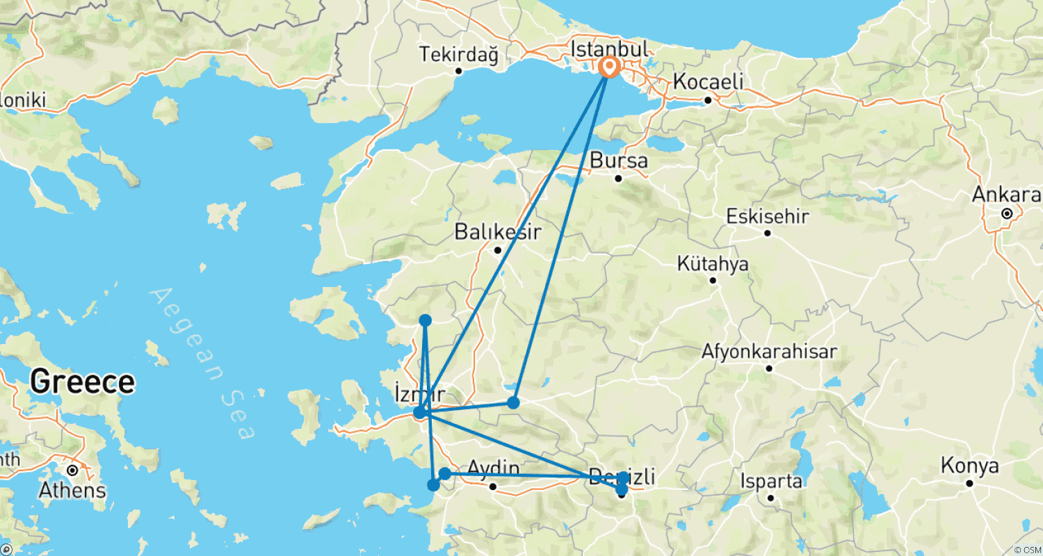 Mapa do percurso de Excursão de 4 dias pelas Sete Igrejas do Apocalipse na Turquia