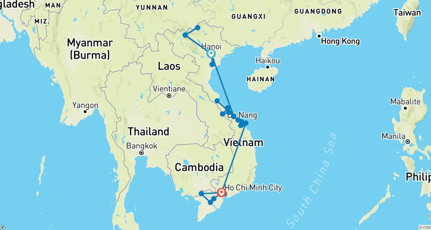 Mapa do percurso de Vietnã em 27 Dias: Viajando do Norte ao Sul do Vietnã