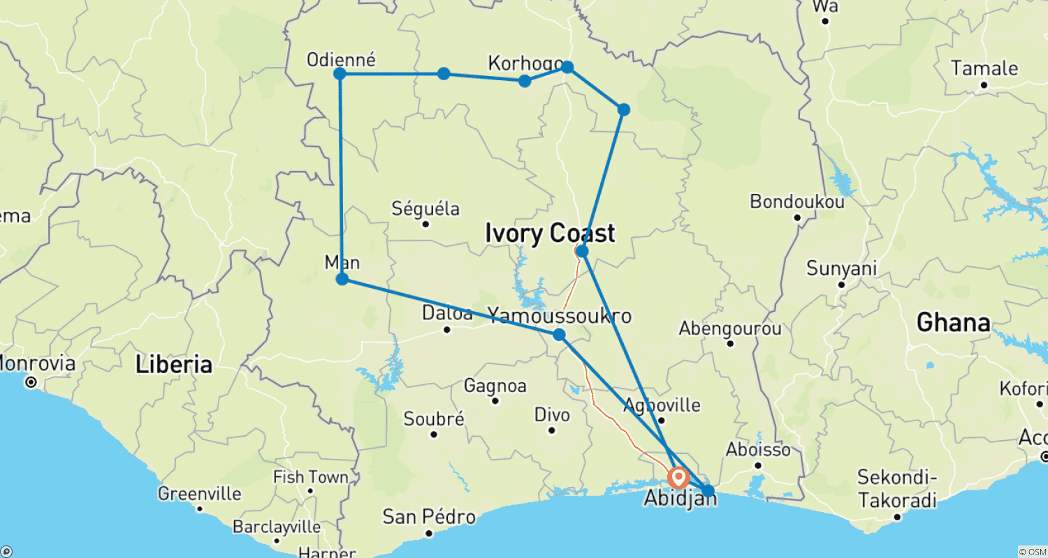 Mapa do percurso de Aventura Cultural de 11 Dias na Costa do Marfim