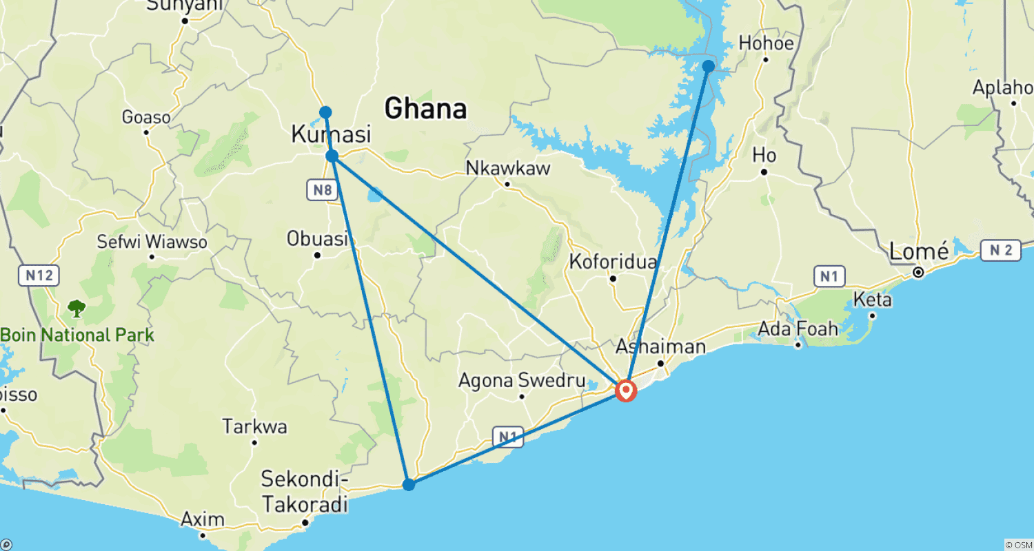 Mapa do percurso de 10 Days in the Heart of Ghana: Culture, Nature, and Adventure