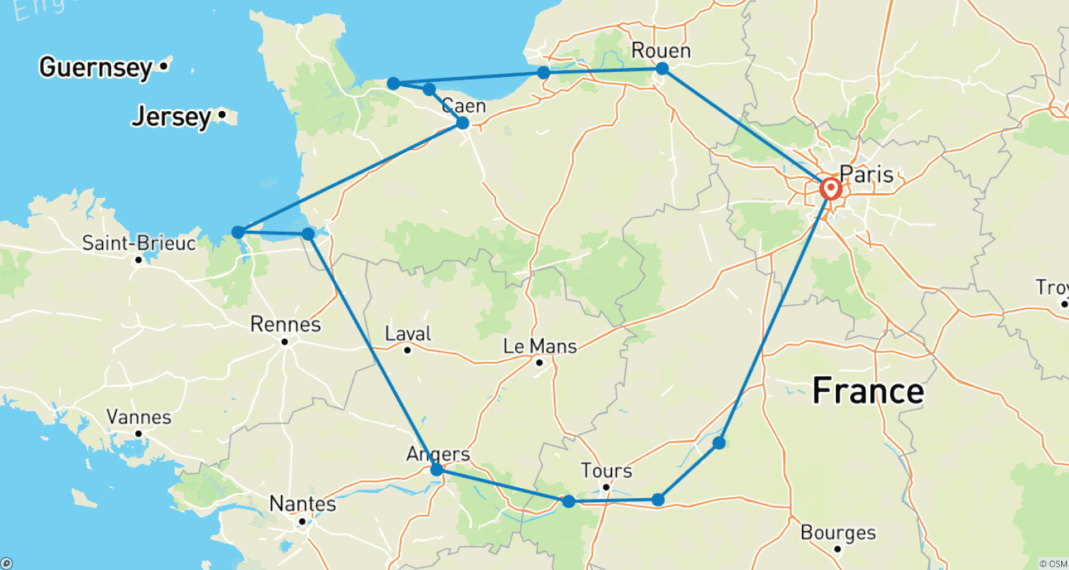 Mapa trasy: Wybrzeża D-Day w Normandii, Mont Saint-Michel i zamki Doliny Loary: 3-dniowa wycieczka z przewodnikiem z odbiorem z hotelu z Paryża