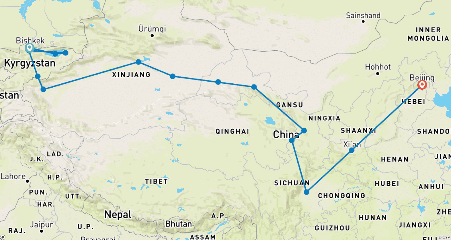 Mapa do percurso de Bishkek a Pequim (36 Dias)