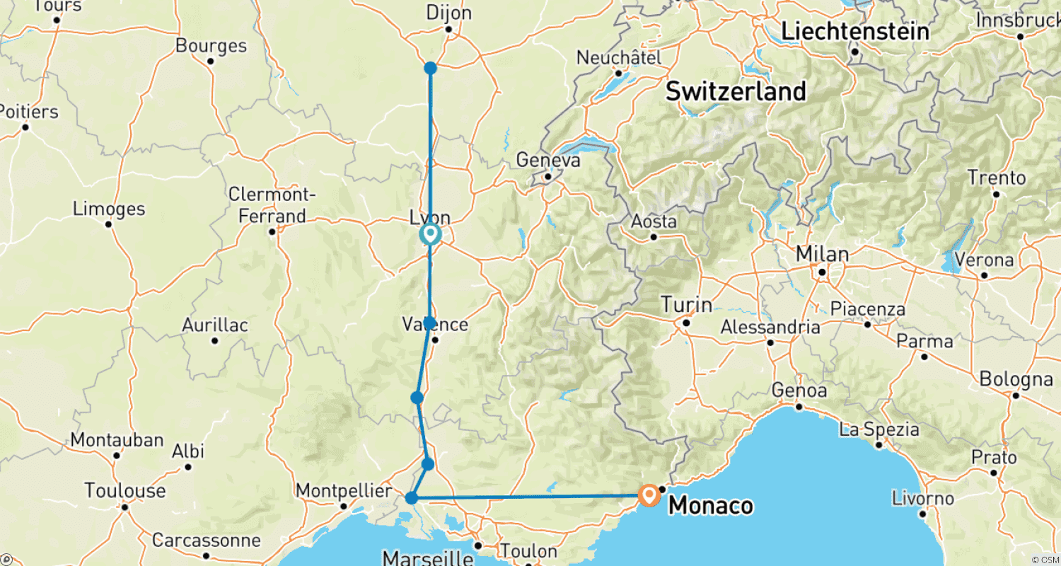 Mapa do percurso de Sensations of Lyon & Provence 2024|2025|2026 - 8 Days (from Lyon to Nice)