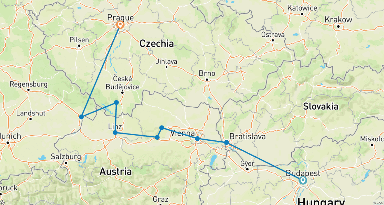 Mapa trasy: Odkrywca Dunaju i Praga (9 destynacji)
