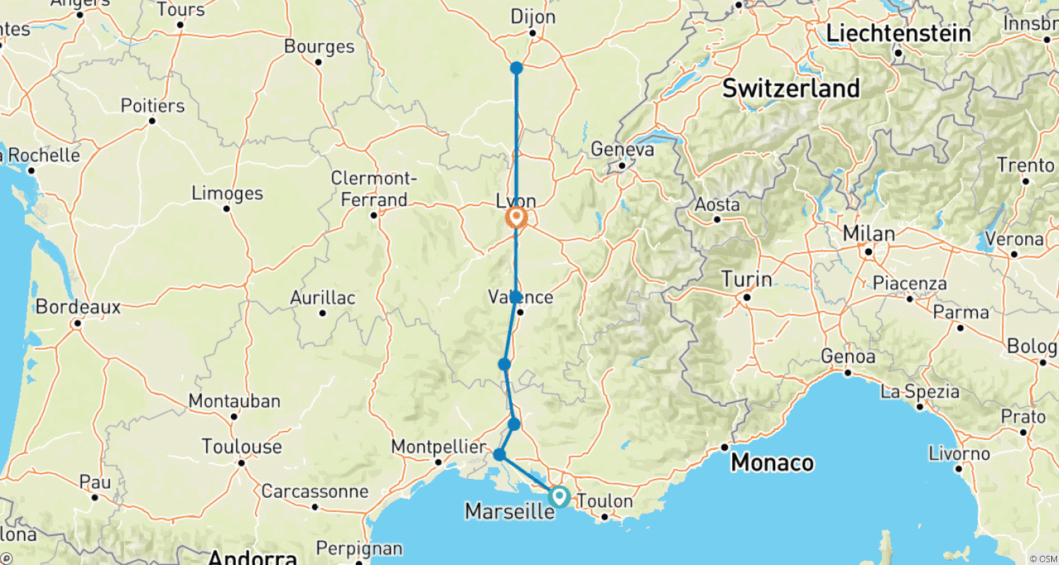 Mapa do percurso de Sensações de Lyon e Provença 2024|2025|2026 - 8 Dias (de Marselha a Lyon)