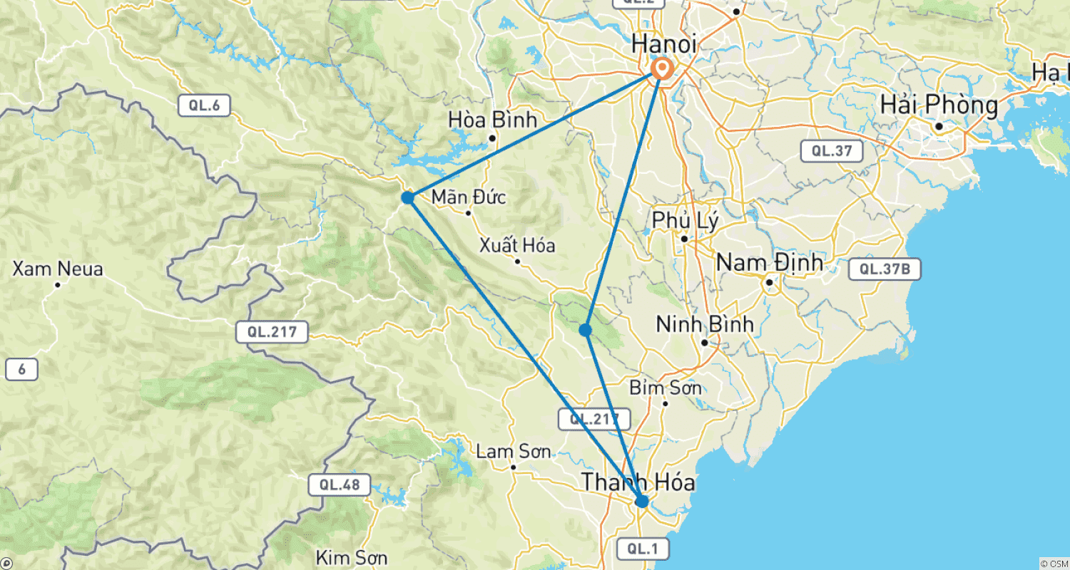 ベトナム北部サイクリング:ハノイ - Mai Chau - Pu Luong 4日間のルートマップ