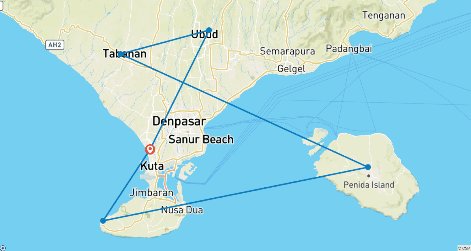Mapa do percurso de Epic 5-Day Bali Expedition: Temples, Tropical Splendors, And Natural Adventure Thrills