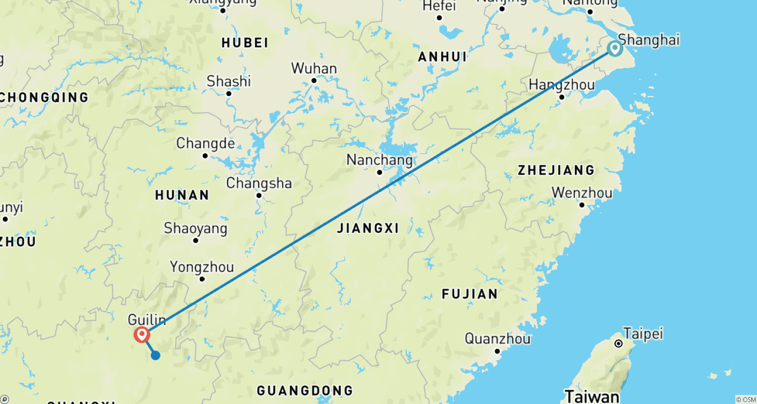 Mapa trasy: 7 Dni Chiny: Nowoczesny Szanghaj i Cudowny Guilin (prywatny przewodnik i kierowca)