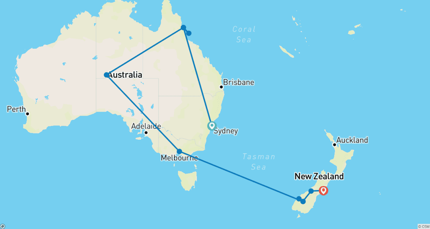 Australia's Outback to New Zealand's South Island (Sydney to Christchurch) (2026)のルートマップ