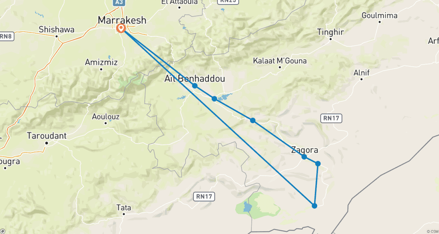 Mapa do percurso de Excursão de 2 Dias no Deserto do Saara de Marraquexe às Dunas de Erg Lihoudi