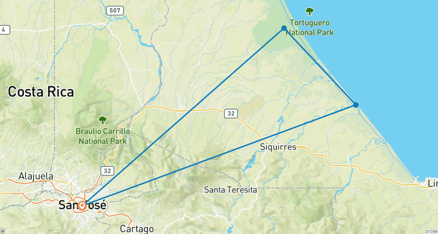 Mapa do percurso de Trilhas de Tortuguero e Rápidos do Pacuare 4D/3N