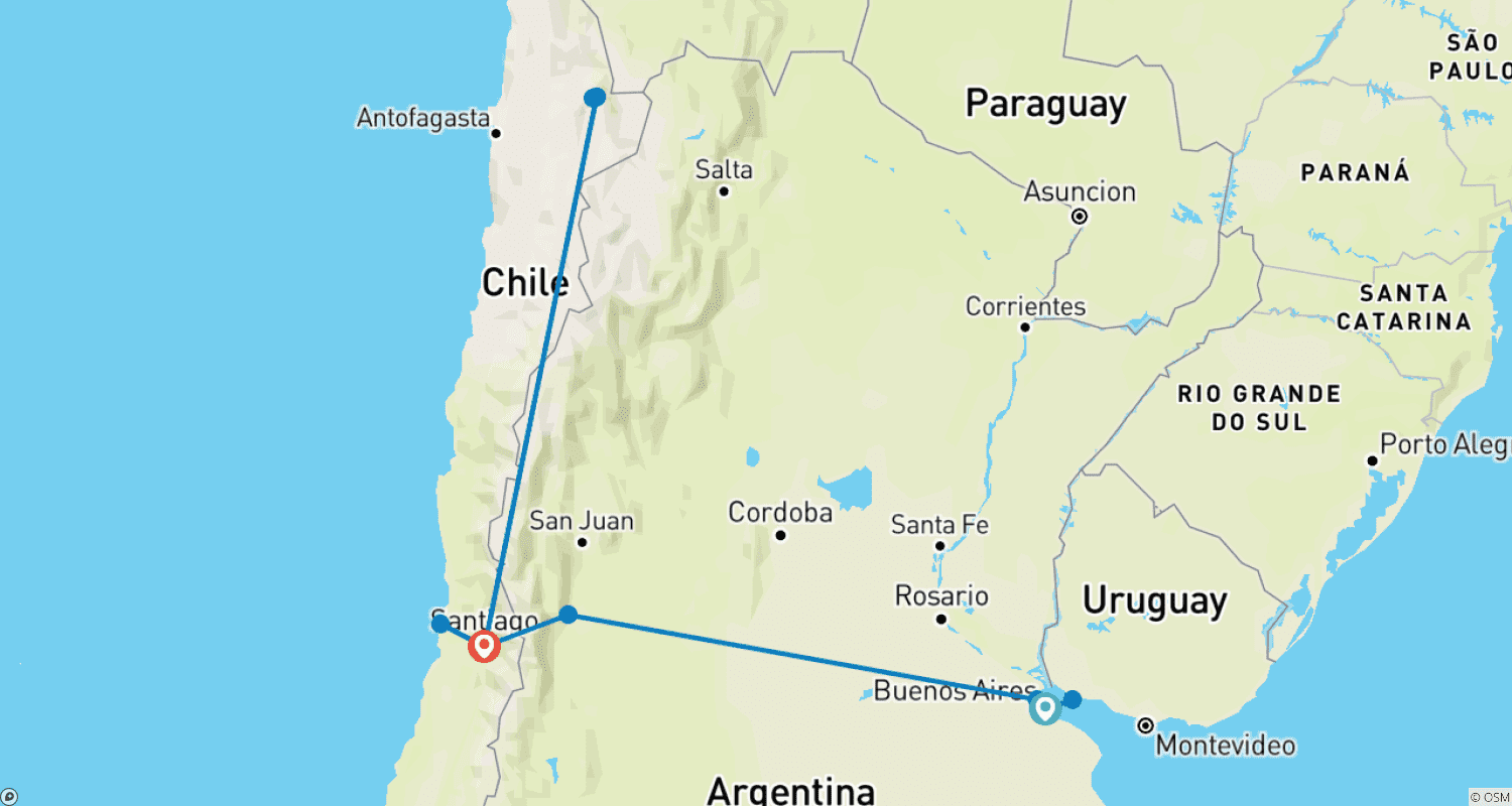 Mapa trasy: Argentyna, Pustynia Atacama i Uroki Chile