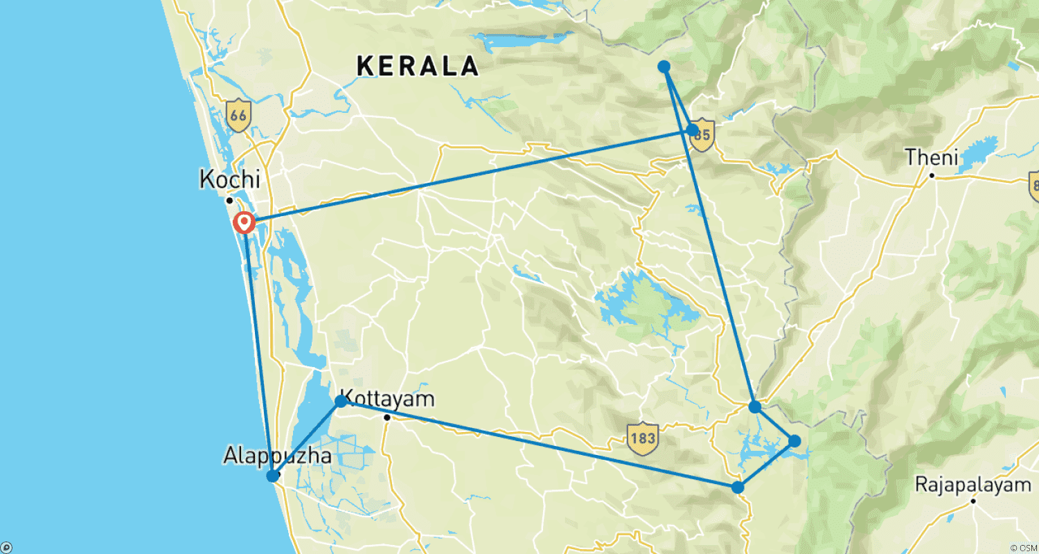 Mapa do percurso de Excursão Encantadora pelo Sul da Índia saindo de Kochi (Cochim)