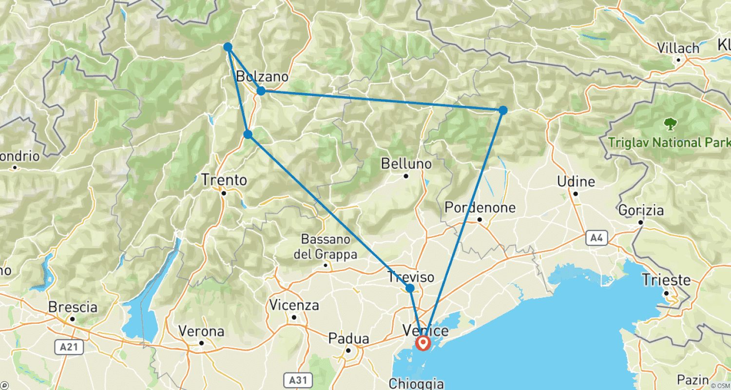 Mapa do percurso de The Dolomites and Prosecco, Self-Drive