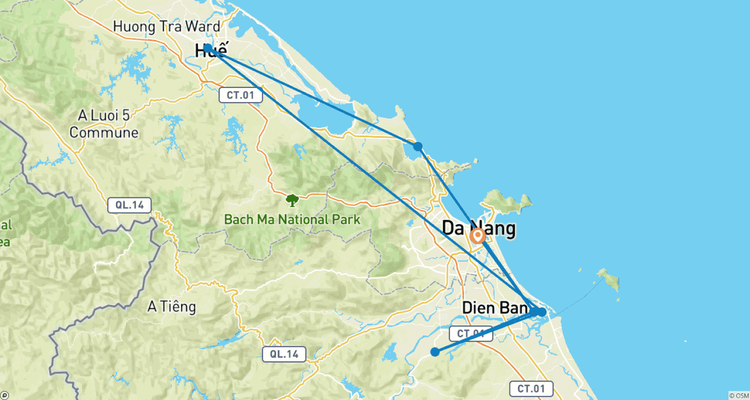 Mapa trasy: 5 Dni w Centralnym Wietnamie: Danang - Ba Na Hills - Hoi An - Sanktuarium My Son - Cesarskie Miasto Hue