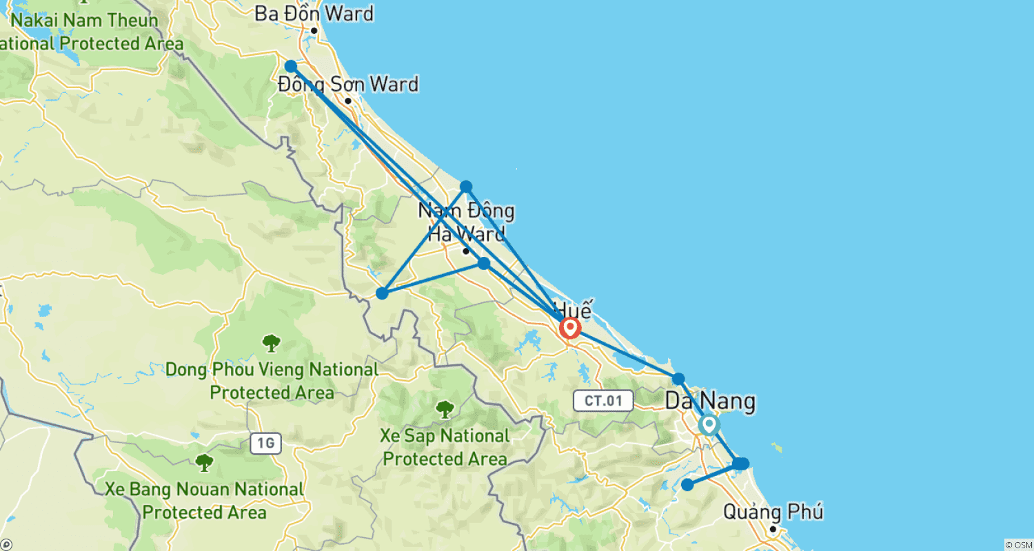 Mapa trasy: 9 Dni Najważniejsze atrakcje Centralnego Wietnamu: Danang - Hoi An - My Son - Hue - Phong Nha