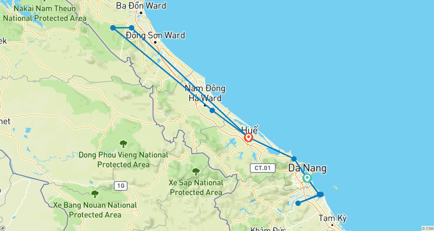 Mapa trasy: 8-dniowe Odkrywanie Wietnamu Centralnego