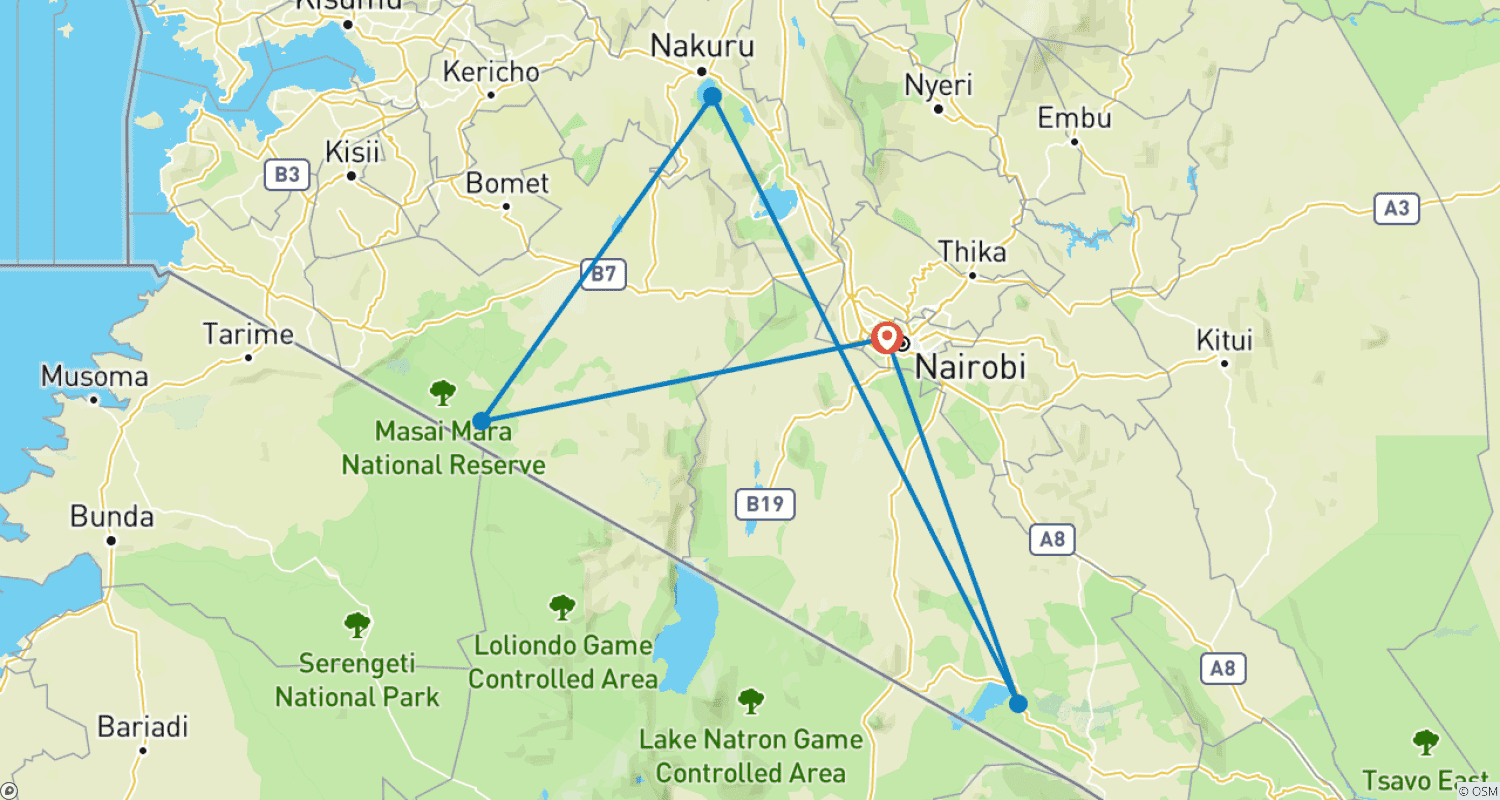 Mapa trasy: 6 Days, 5 Nights Budget Safari To Masai Mara, Lake Nakuru And Amboseli