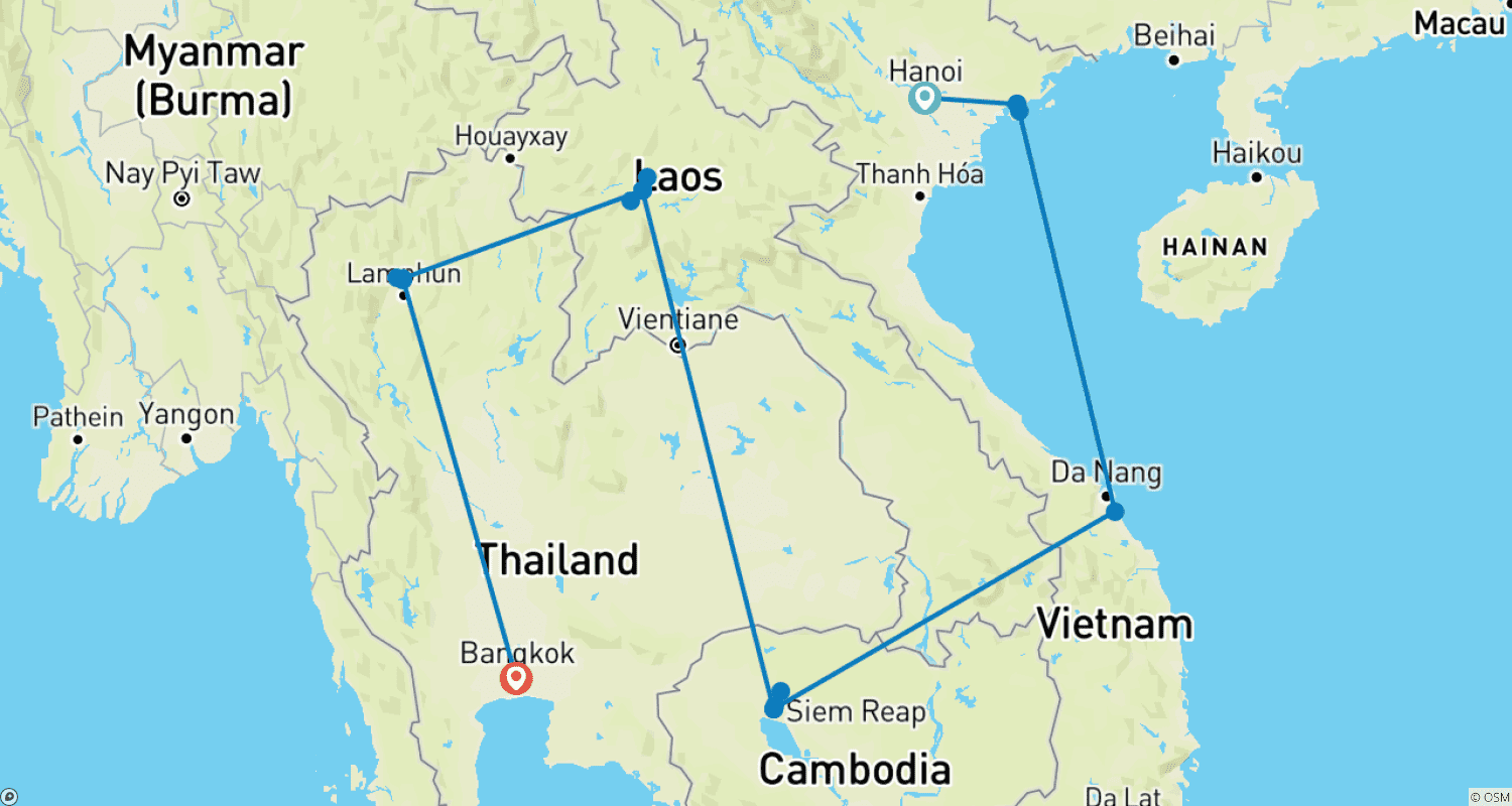 Mapa do percurso de Destaques do Sudeste Asiático