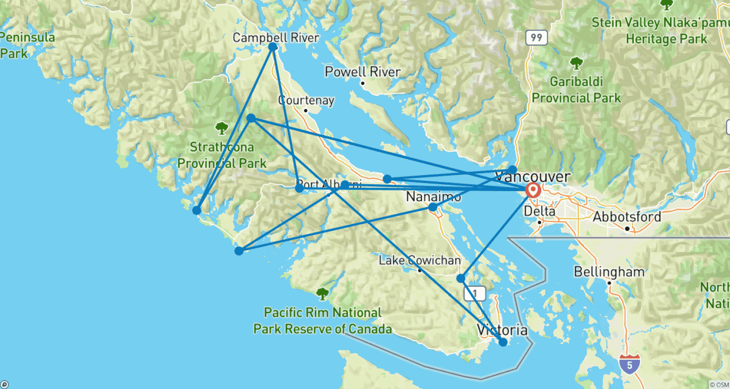 Mapa do percurso de Ilha de Vancouver