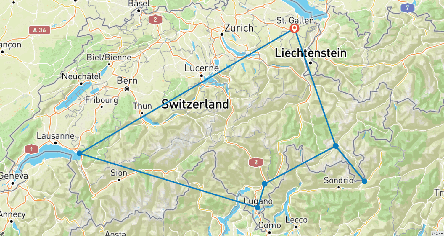 Mapa do percurso de Grande Tour da Suíça - Locais Património Mundial da UNESCO