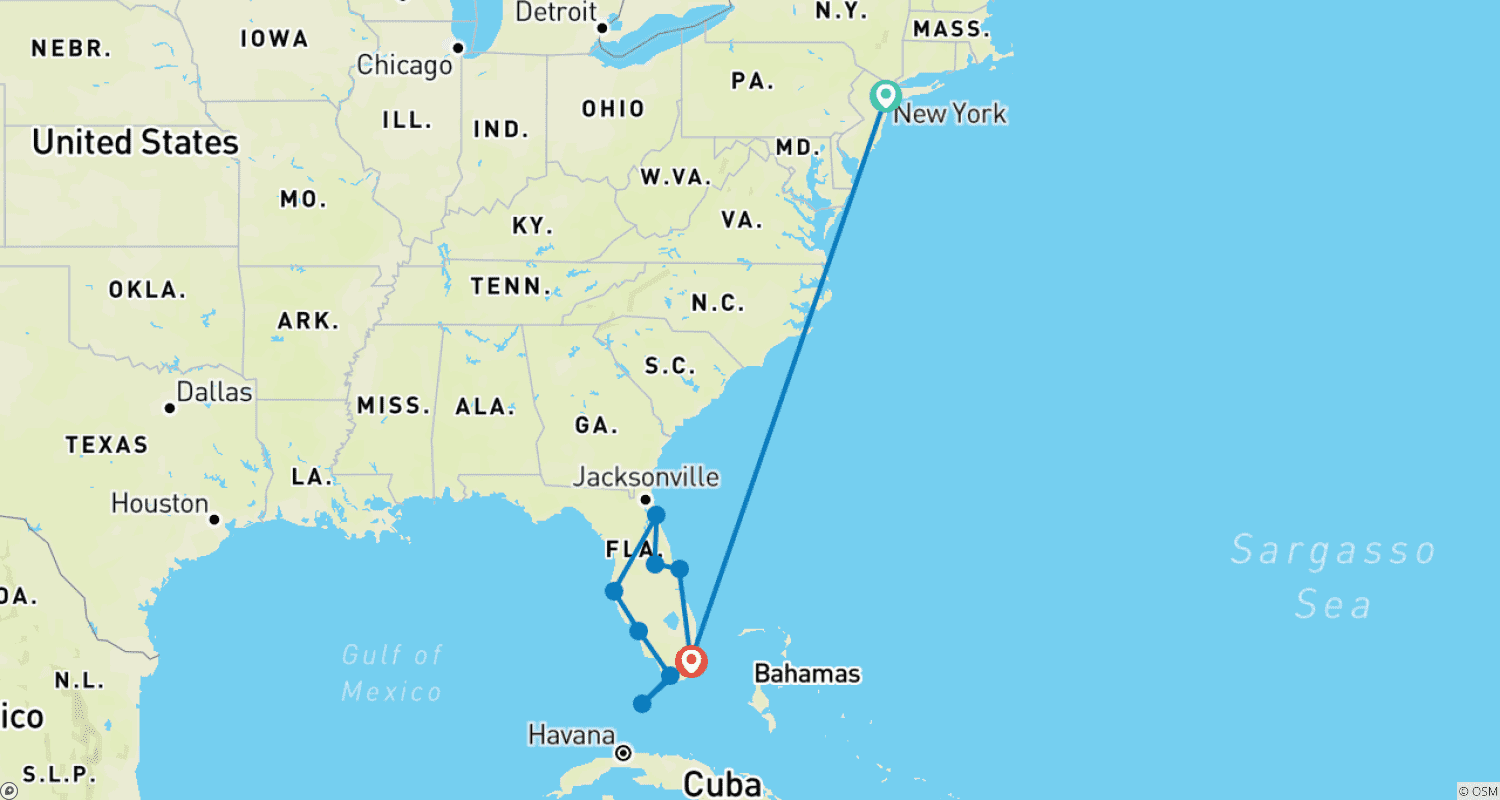 Mapa do percurso de Manhattan Express e o Estado Ensolarado da Flórida