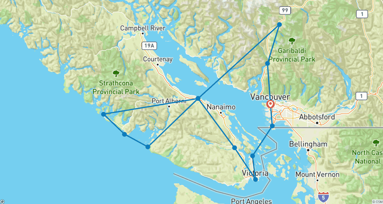 Mapa do percurso de Férias em família no Oeste do Canadá