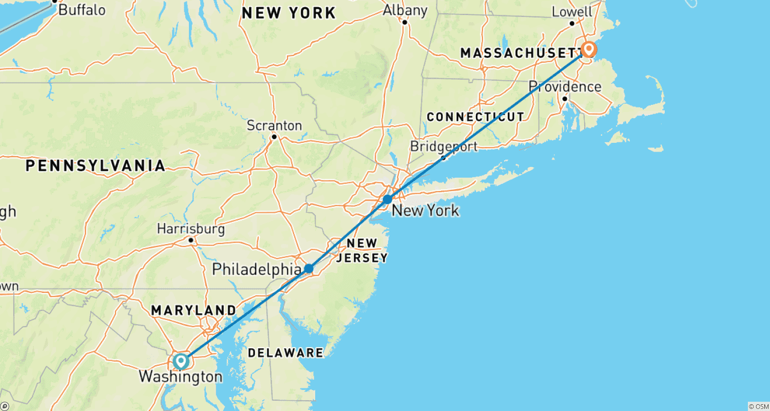 Mapa do percurso de Destaques da costa leste (de Washington DC a Boston)