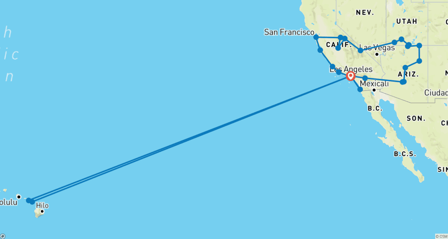 Mapa trasy: Najlepsze z Zachodu i Magia Wysp Hawajów - Maui (19 nocy)