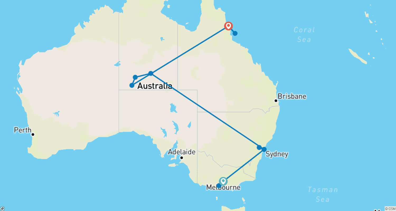 Mapa trasy: Australia's diversity (13 nights, Melbourne-Cairns)