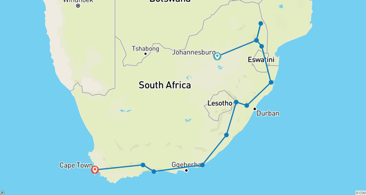 南アフリカのベスト (ロードトリップ) Johannesburg - ケープタウンのルートマップ