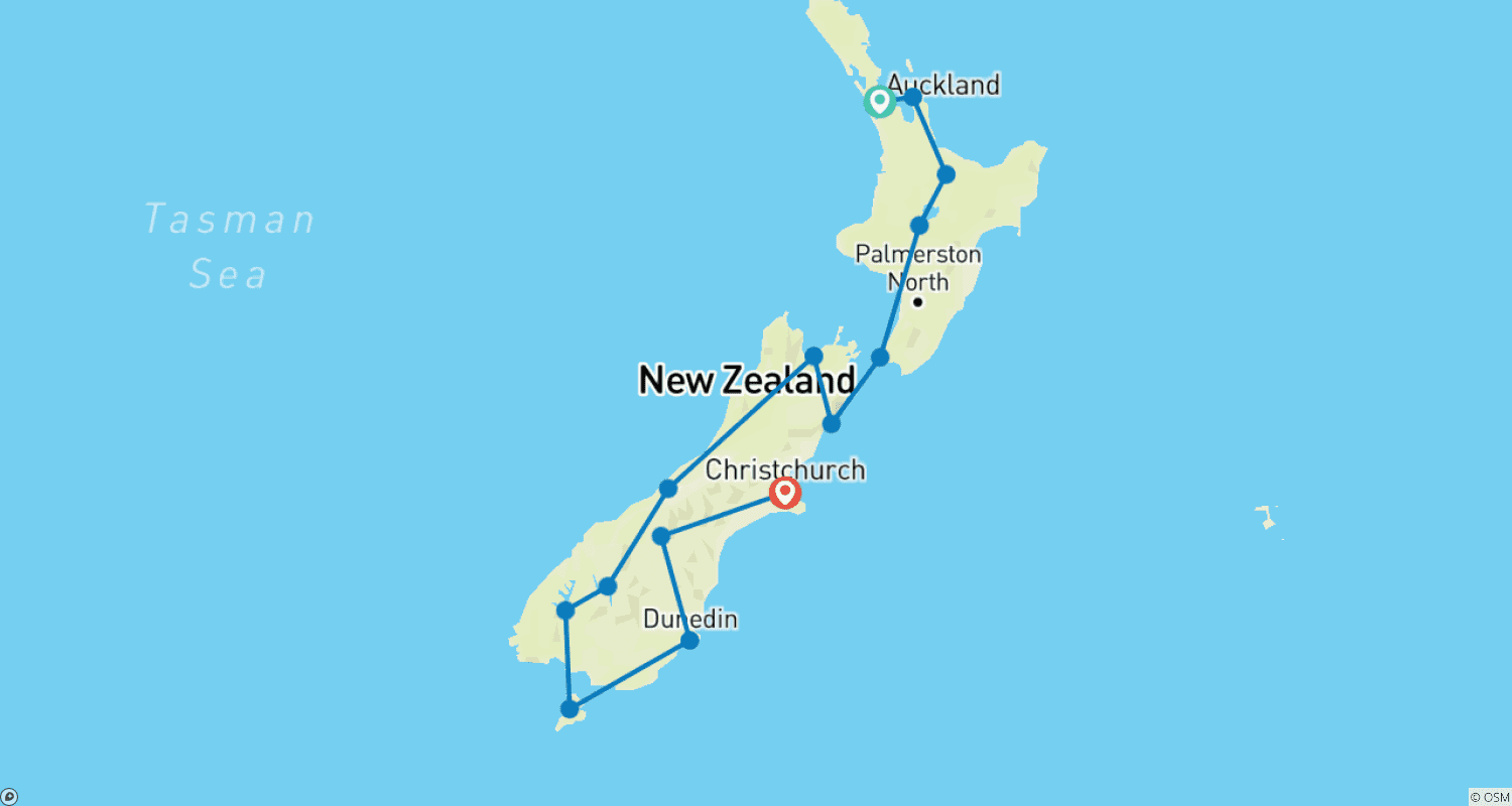 Mapa do percurso de Natural Wonders of New Zealand (from Auckland to Christchurch)