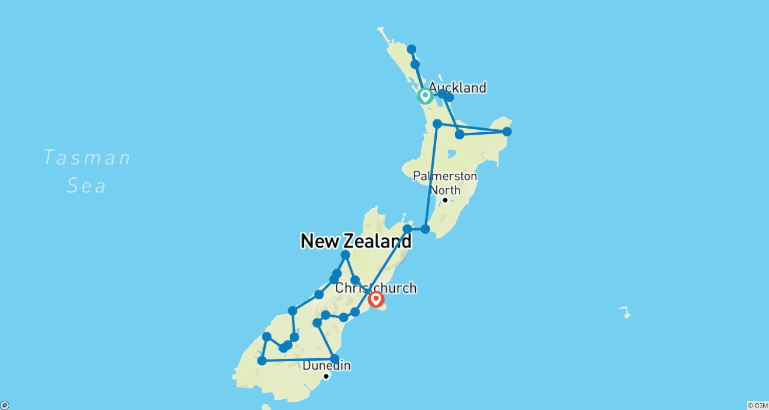 Experience New Zealand by rail & road (39 destinations)のルートマップ