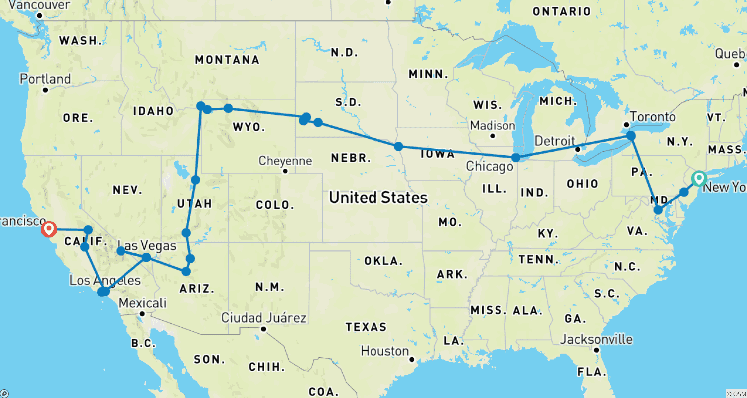 アメリカ大陸横断の旅(ニューヨーク - サンフランシスコ)のルートマップ