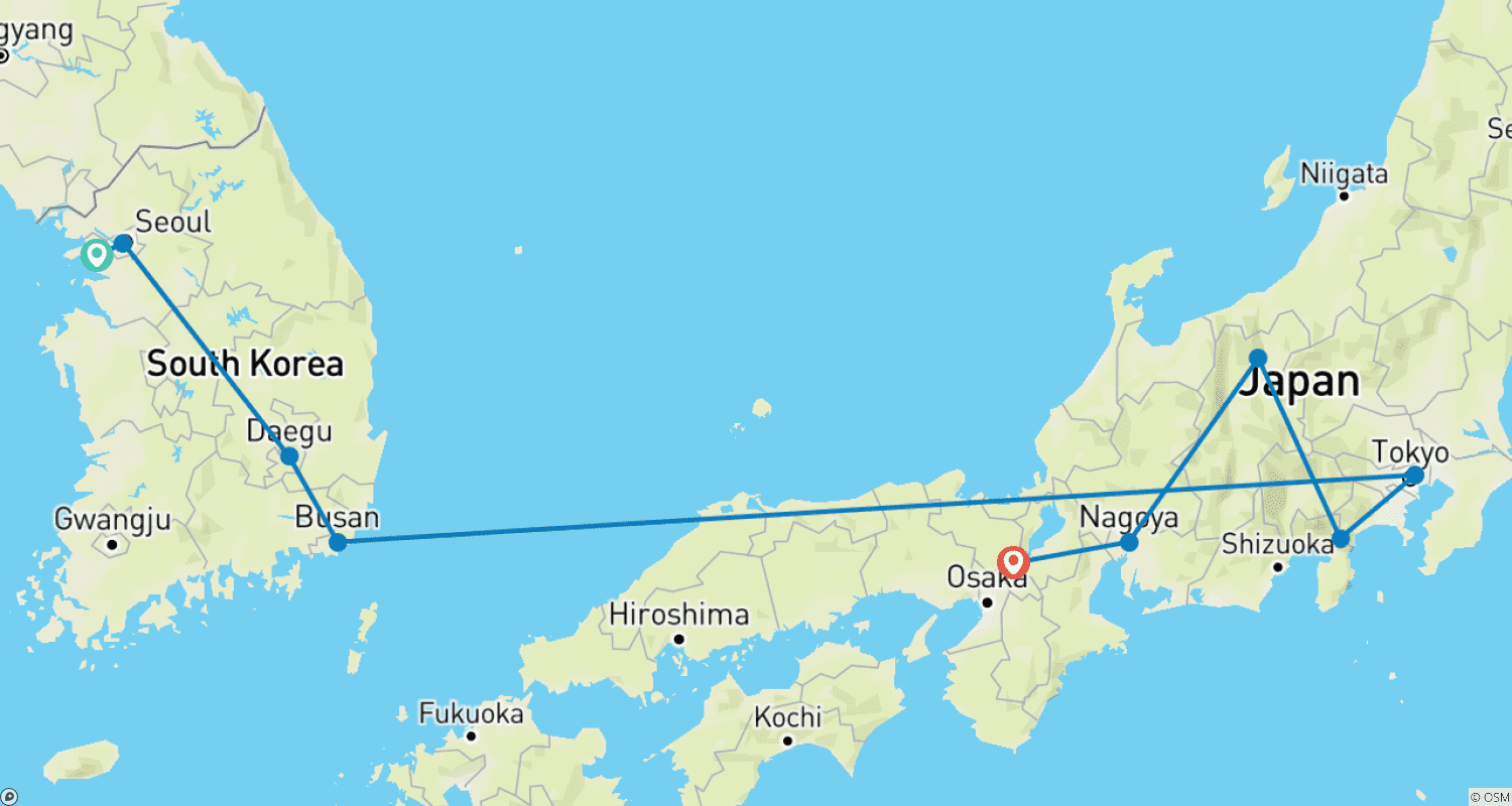 Mapa do percurso de Descubra a Coreia do Sul e o Japão com Voos Incluídos