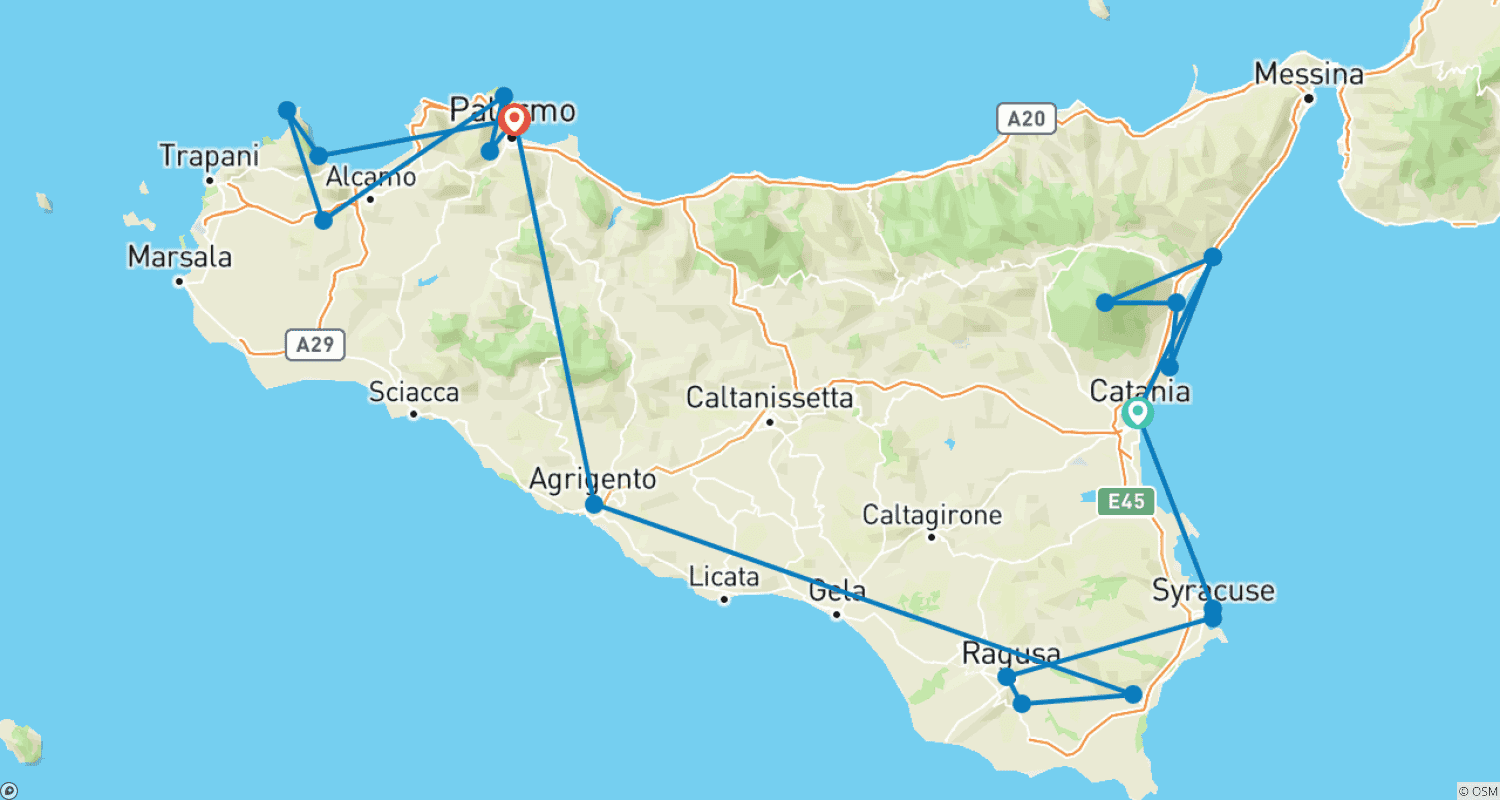 Cultural Sicily car tourのルートマップ