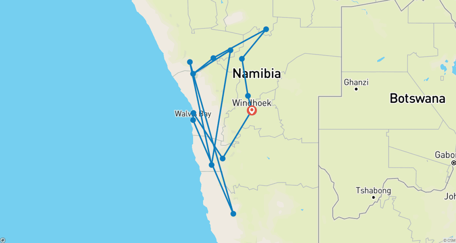 Mapa trasy: Północna Namibia w spokojniejszym tempie