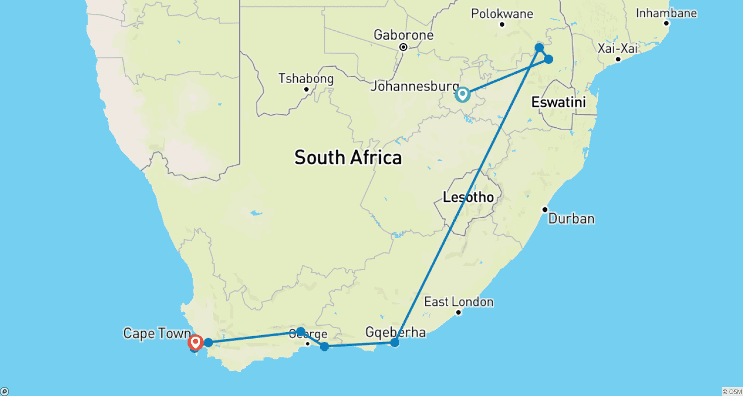Flying visit to South Africa - Small Group Tourのルートマップ