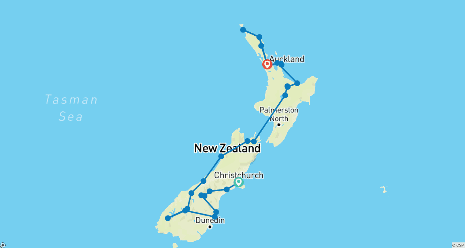 Mapa trasy: Poznaj Nową Zelandię świadomie (z Christchurch do Auckland)