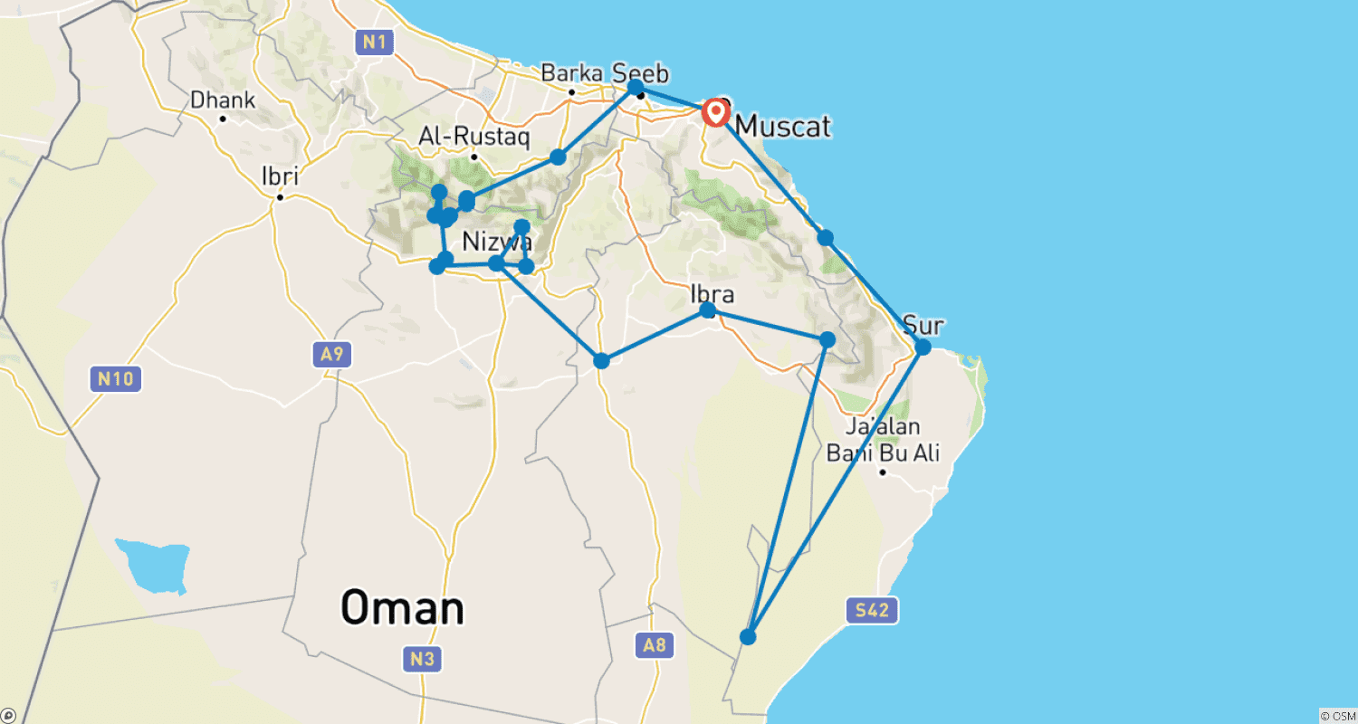 Mapa do percurso de Aventura de carro em Omã