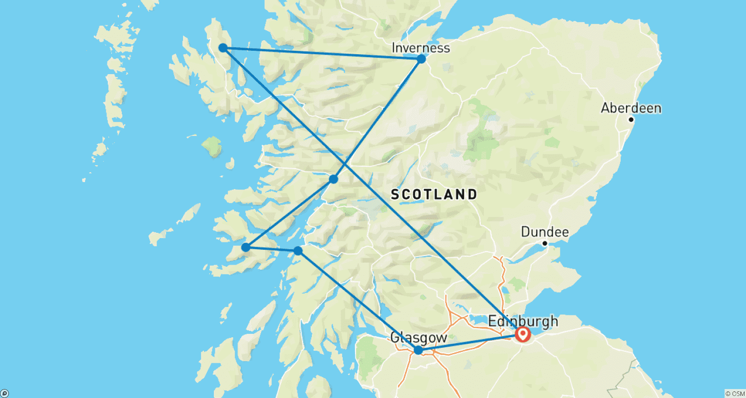 Mapa do percurso de Viagem de aventura de comboio pela Escócia