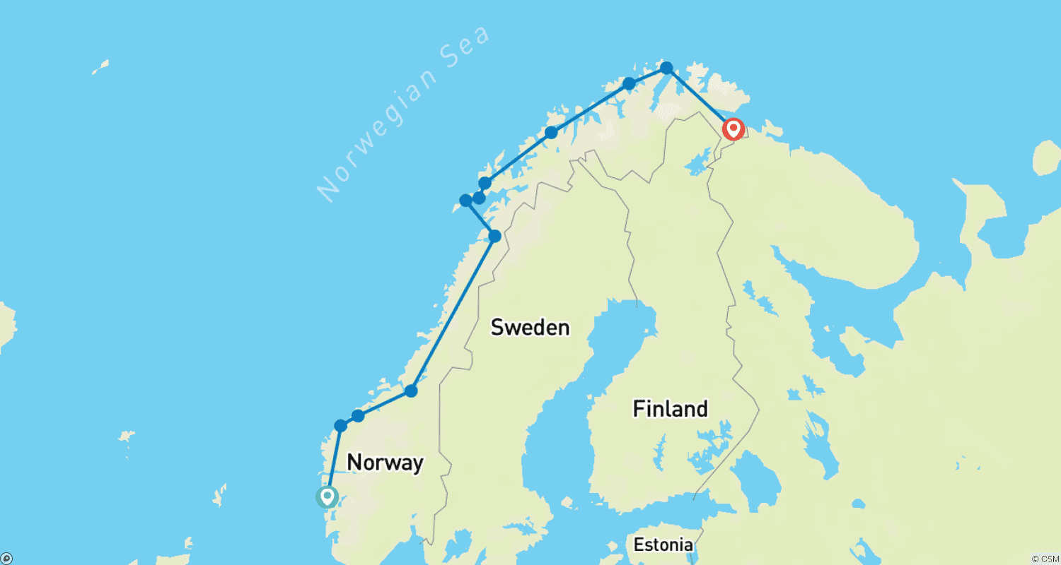 خريطة مسار Havila Voyages Bergen-Kirkenes (including Lofoten)