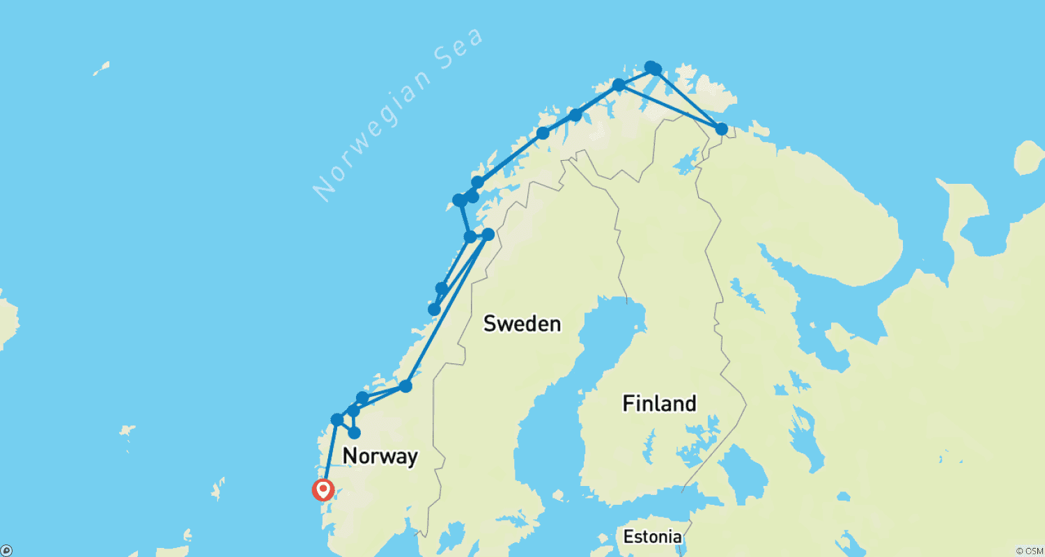 Havila Voyages Bergen-Kirkenes-Bergen (28 destinations)のルートマップ